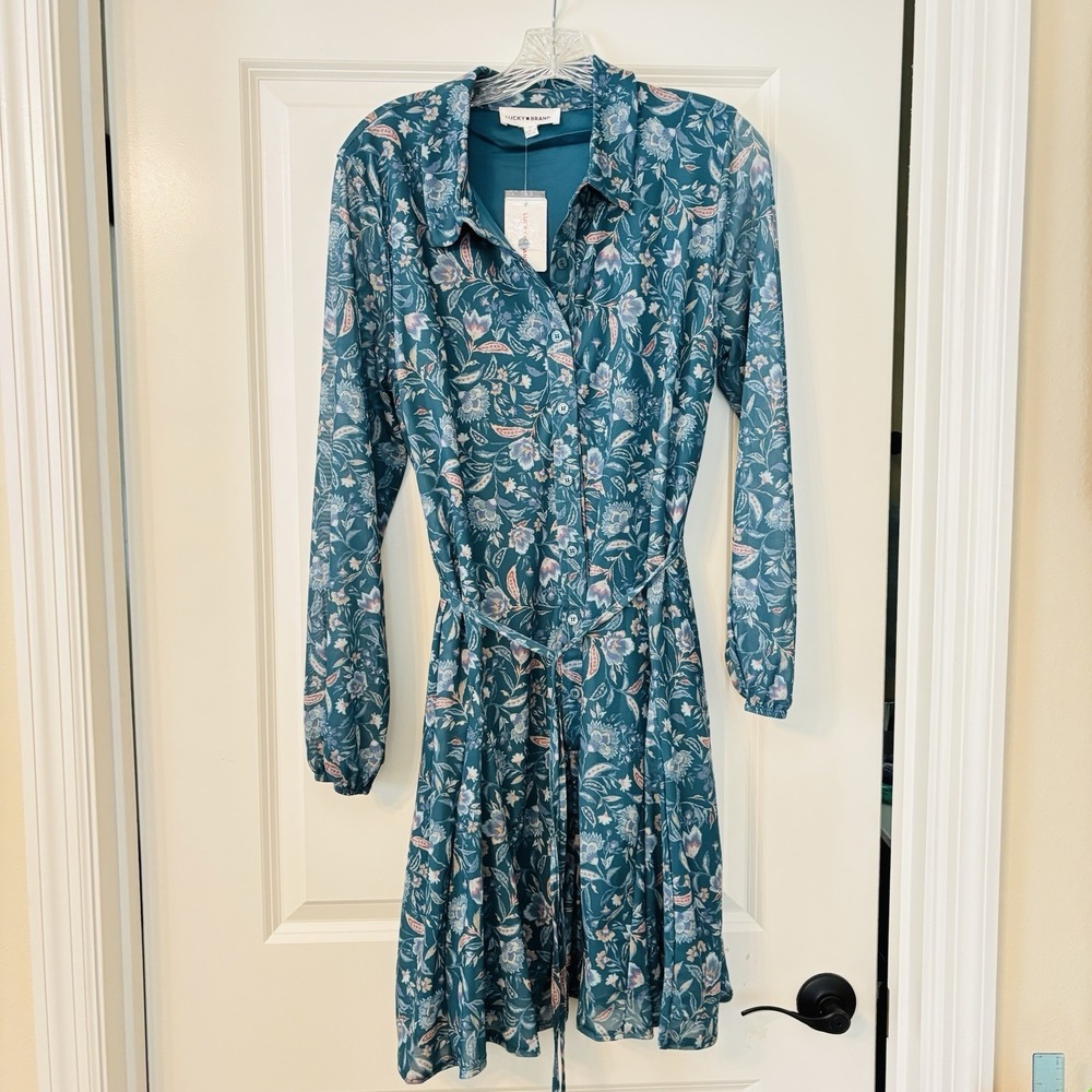 NWT lucky brand womens dress large Long Sheer Sleeve Teal Floral Work Wear
